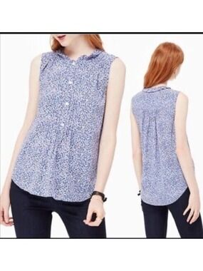 Kate Spade Silk Top Blue Ditsy Floral Sleeveless Pleated Viscose XS